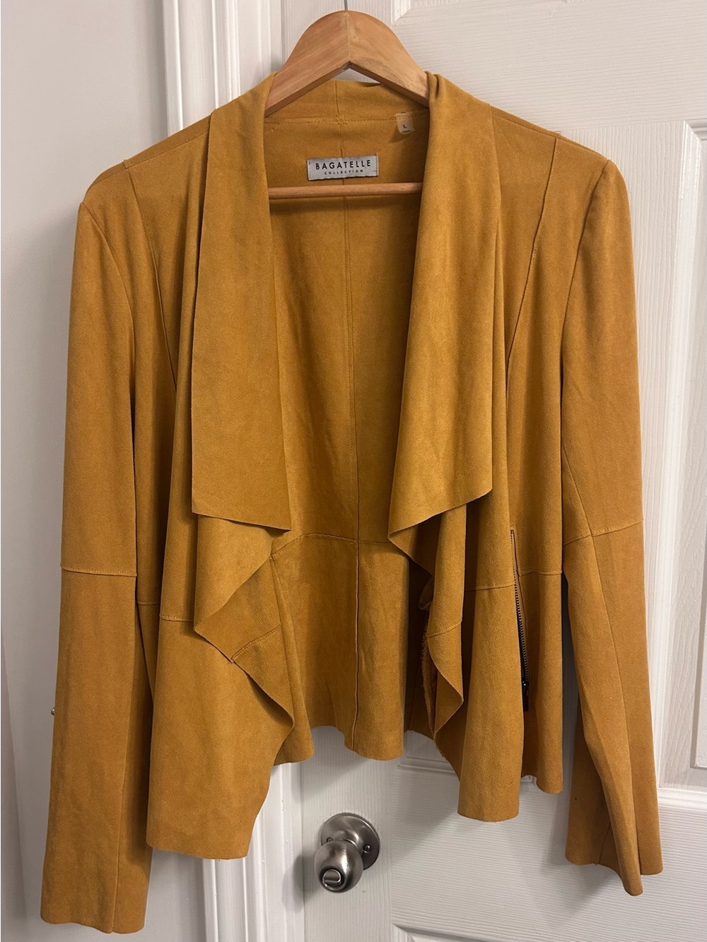 Bagatelle Collection Faux Suede Drape Front Jacket Mustard Yellow Waterfall L